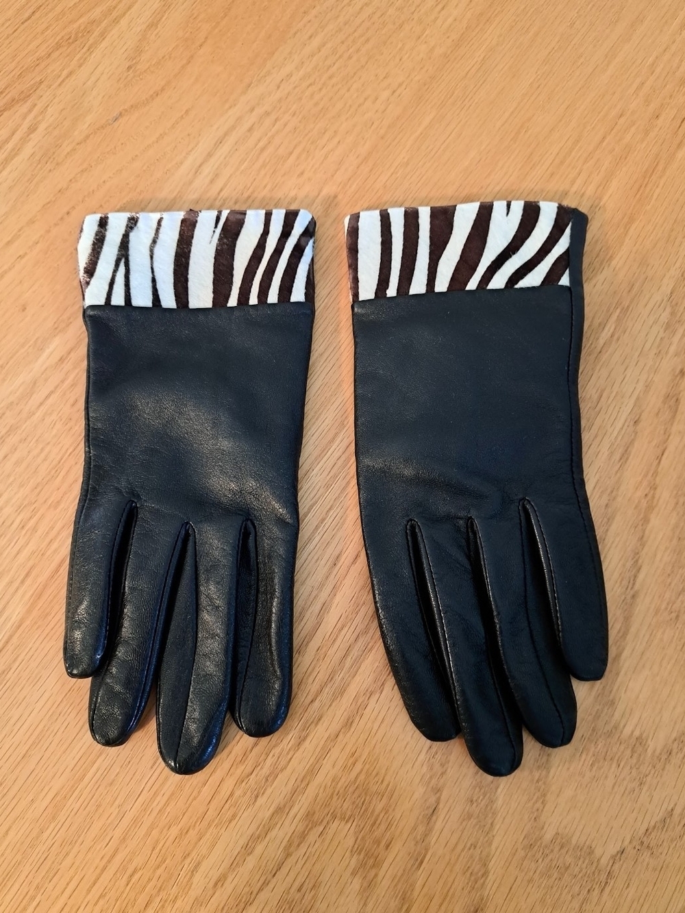 Adrienne Vittadini Black Leather Gloves with Zebra Cuff